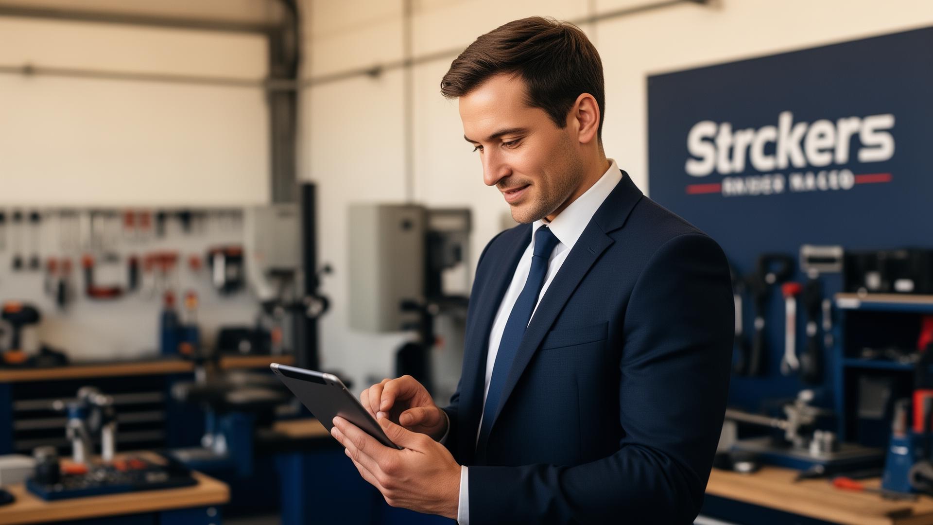 Modern business owner using a tablet inside a workshop